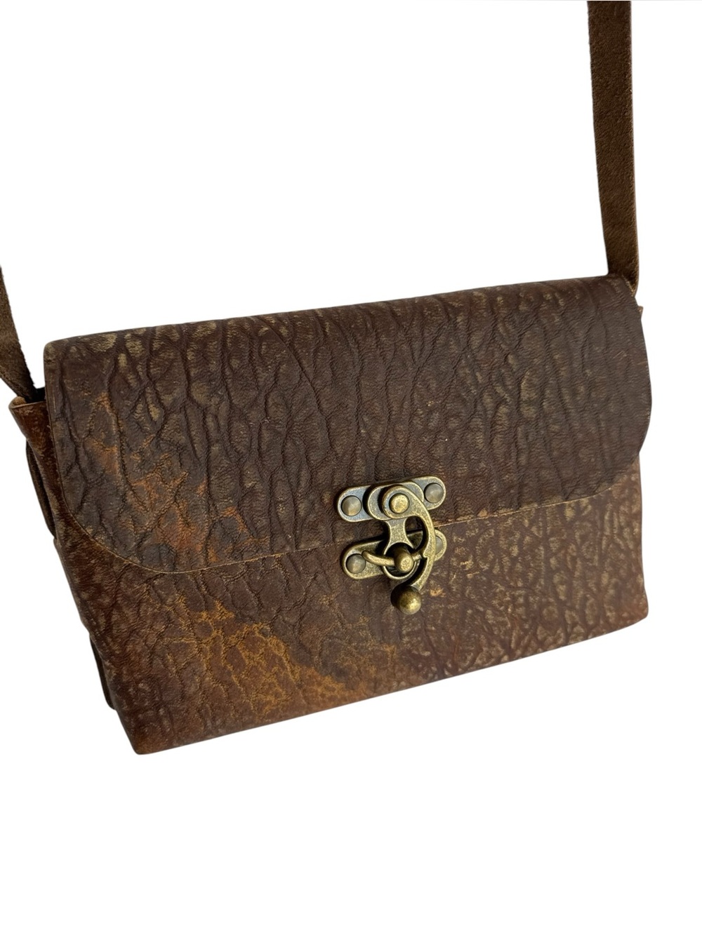 Artisan Leather Crossbody Bag Brown Rustic Purse Distressed Turn Lock Boho
